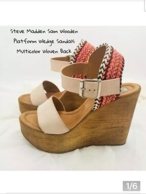 Steve Madden Beige Platform Wedge Sandals with Multicolor Braided Heel
